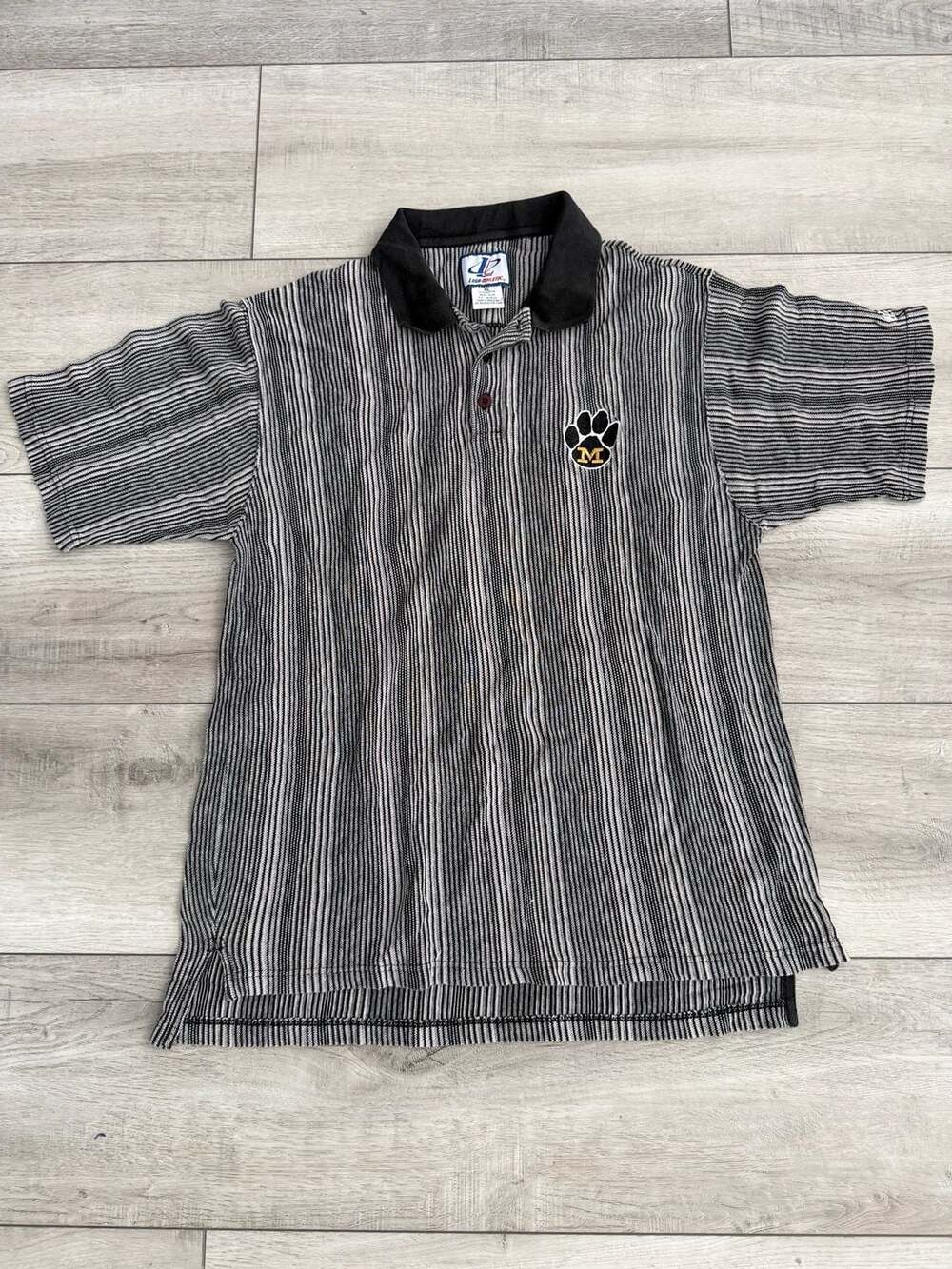 Vintage 90s Logo Athletic Polo Shirt Size XL Black White Striped Missouri Tigers